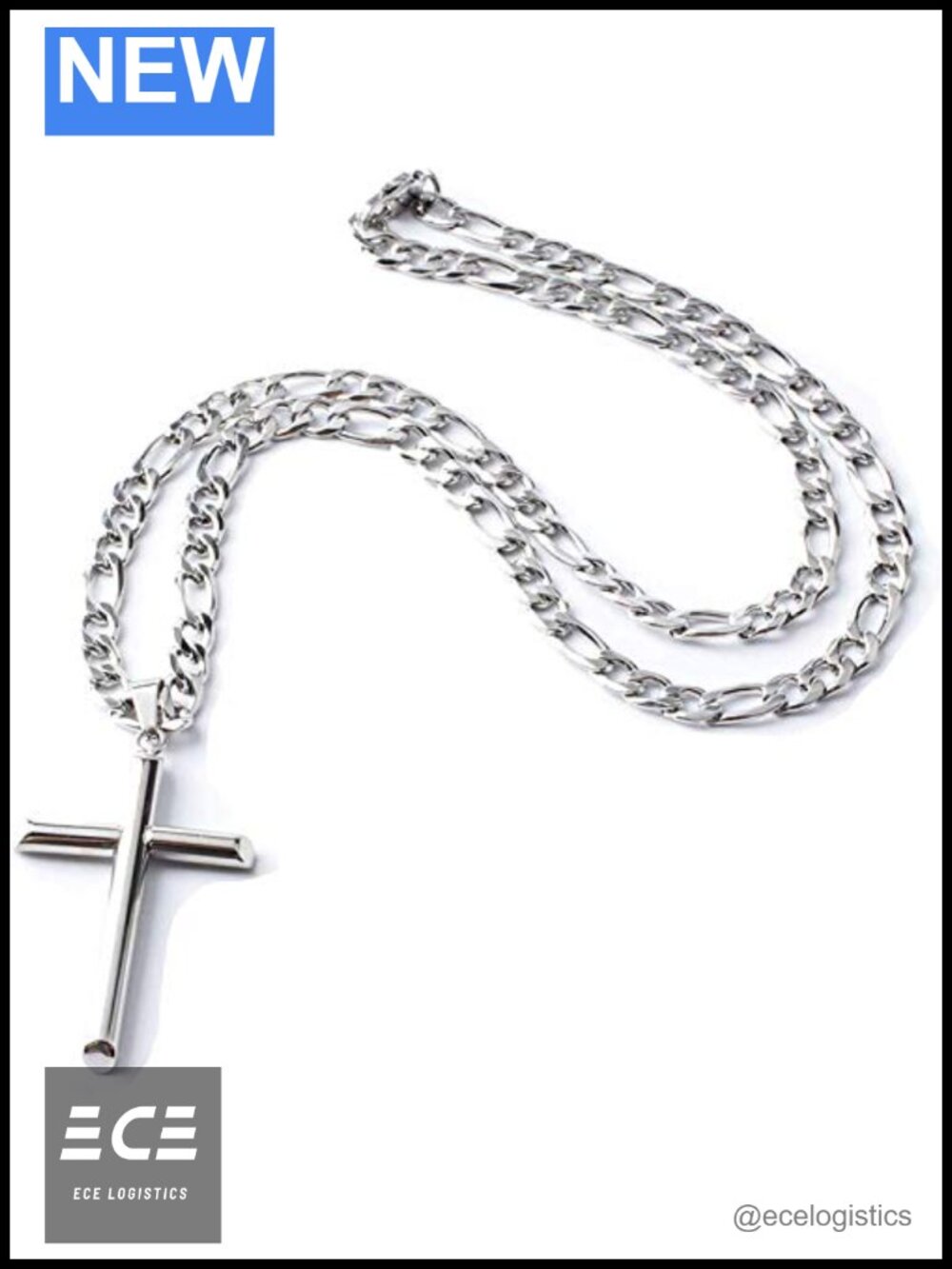 14K White Gold Figaro Chain Cross Pendant Necklace Lobster Clasp